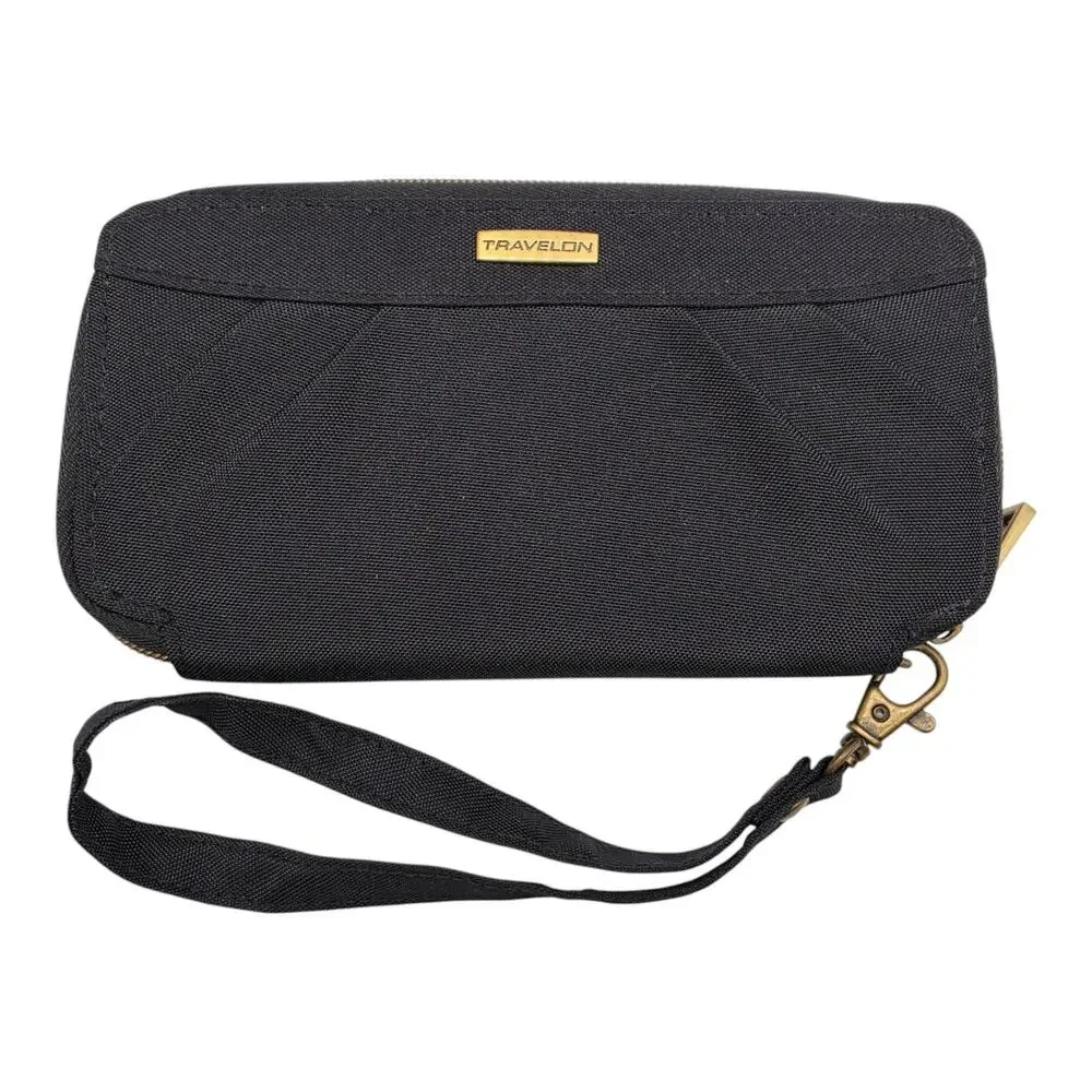 Travelon Zip Around Travel Wallet Black Wristlet Strap Nylon Small 7x4 Organize